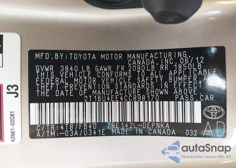 2012 Toyota Corolla Le из США, поврежденный, VIN 2T1BU4EE4CC898170